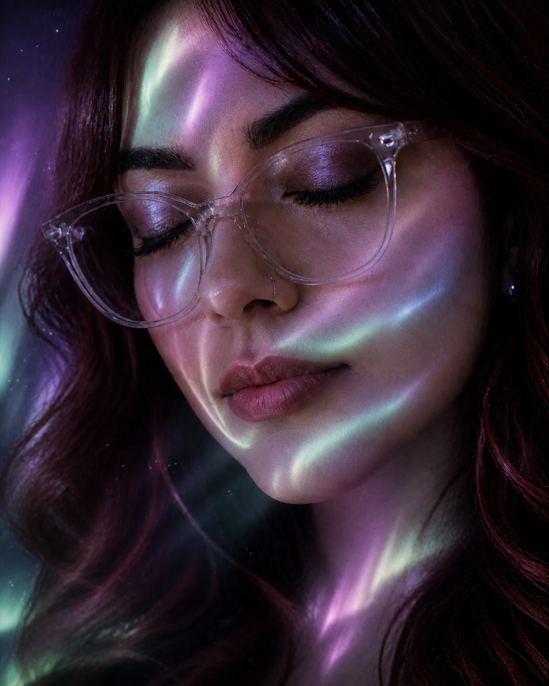 La creadora de Lattia bajo proyecciones de luz violeta y verde